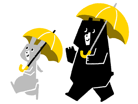 傘をさして雨の中を笑顔で歩くウサギとくまのイラスト