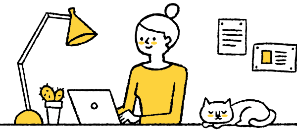 PCで作業中の笑顔の女性と猫のイメージ