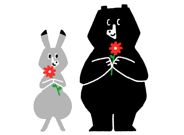 うさぎとクマが胸の前で花を持っているイラスト
