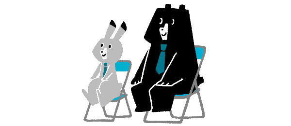 就職活動の面接や会社選びをテーマにした、椅子に座るうさぎとくまのイラスト